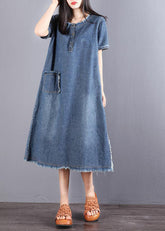 Estilo Azul Cuello Redondo Bolsillo con Borlas Abertura Lateral Algodón Vacaciones Vestido Mezclilla Manga Corta